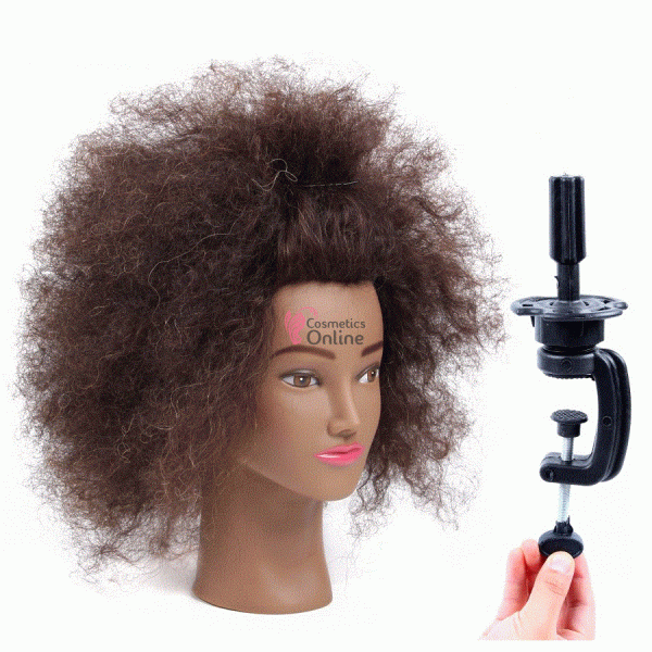 Cap de practica N Castaniu Inchis Mixt din par 100% Natural 35 cm pentru codite afro + Suport CN30